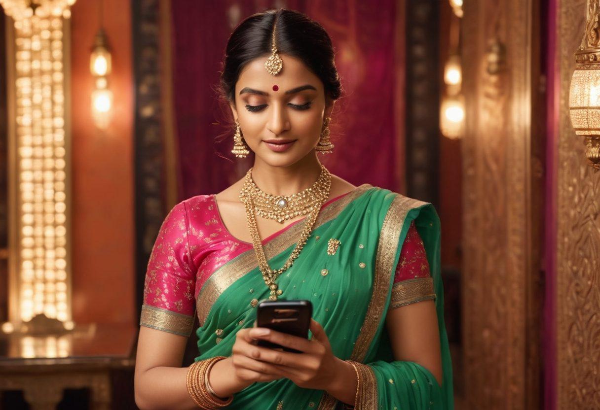 A captivating scene blending traditional Bollywood elegance with modern online platform aesthetics; featuring an Indian actress in a glamorous sari, holding a smartphone. The background transitions from a Bollywood movie set to a vibrant social media interface. The actress is poised and confident, radiating contemporary glamour. super-realistic. vibrant colors. cinematic lighting.