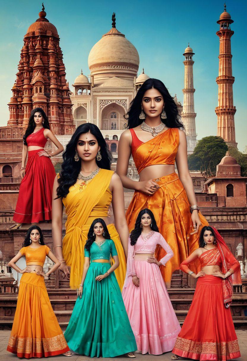A vibrant collage depicting Indian fashion models and internet stars against a backdrop of iconic Indian landmarks. Elements of traditional clothing fused with modern digital aesthetics, showcasing a mix of street style and glamorous fashion. Energetic poses and engaging expressions capturing the spirit of web entertainment in India. super-realistic. vibrant colors.
